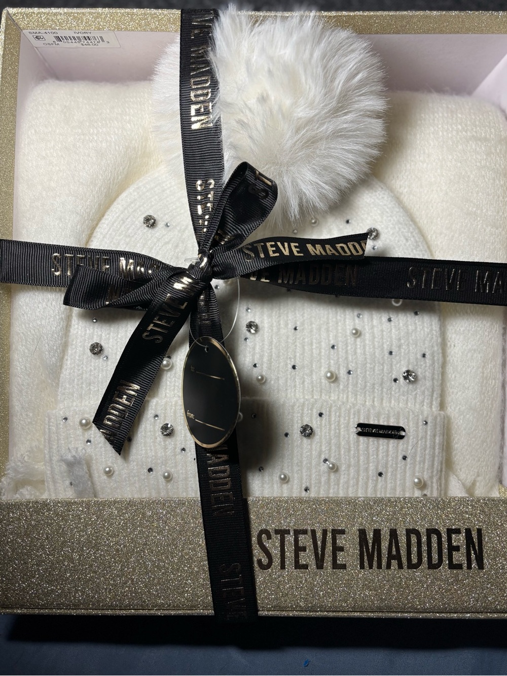 Steve Madden White Knit Beanie Pom and White Scarf w/ Embellishments!Limited Ed. - Picture 2 of 8
